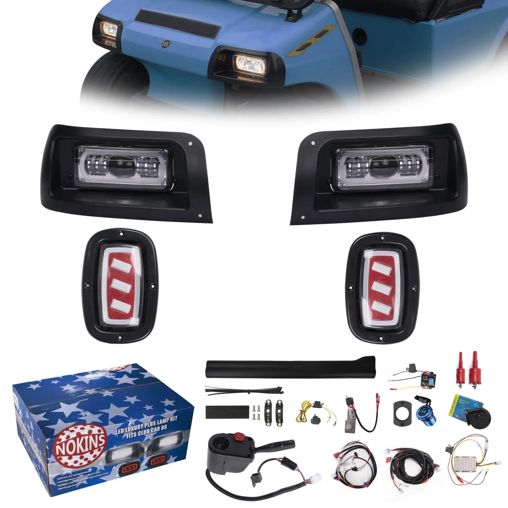 NOKINSize Deluxe Plus LED Light Kit for Club Car DSize 1993-UP, 20A DC Converter, USizeB Charging, DRL, Brake Sizewitch