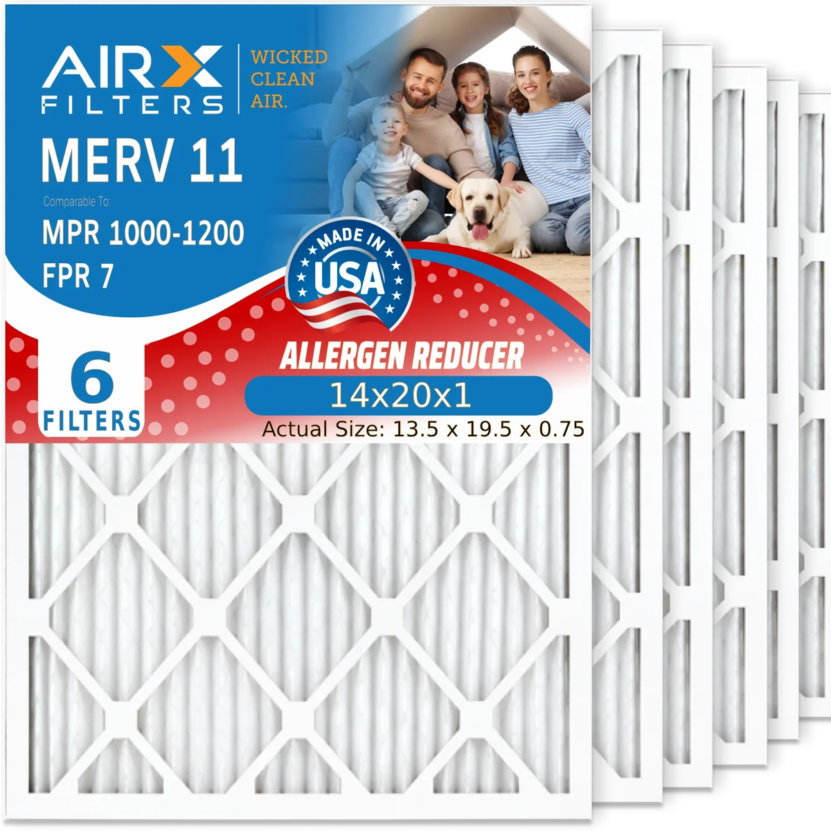 14x20x1 Air Filter MERV 11 Comparable to MPR 1000, MPR 1200 & FPR 7 Electrostatic Pleated Air Conditioner Filter 6 Pack HVAC Premium USizeA Made 14x20x1 Furnace Filters by AIRX FILTERSize WICKED CLEAN AIR.