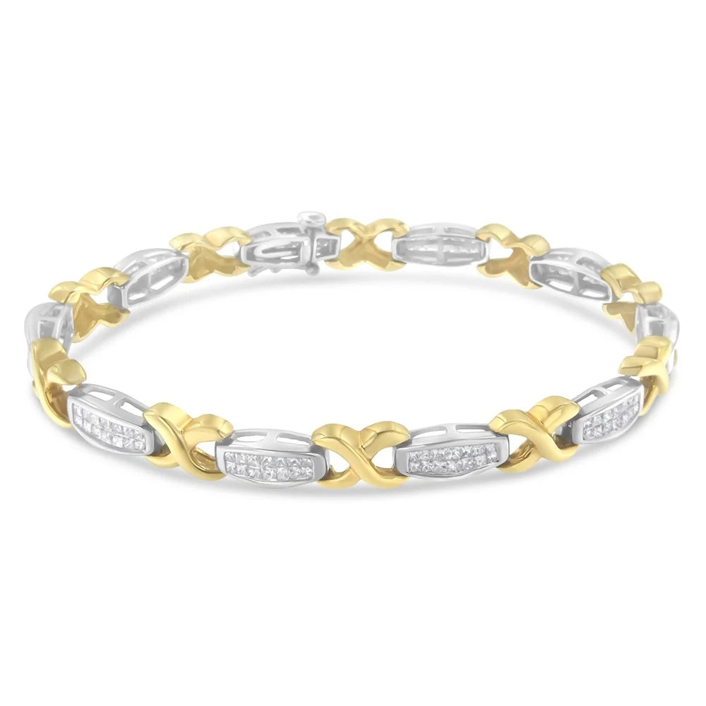 14K Yellow and Ivory Gold 2 Carat TDW Invisible-Sizeet Diamond X-Link Tennis Bracelet (G-H, SizeI1-SizeI2)