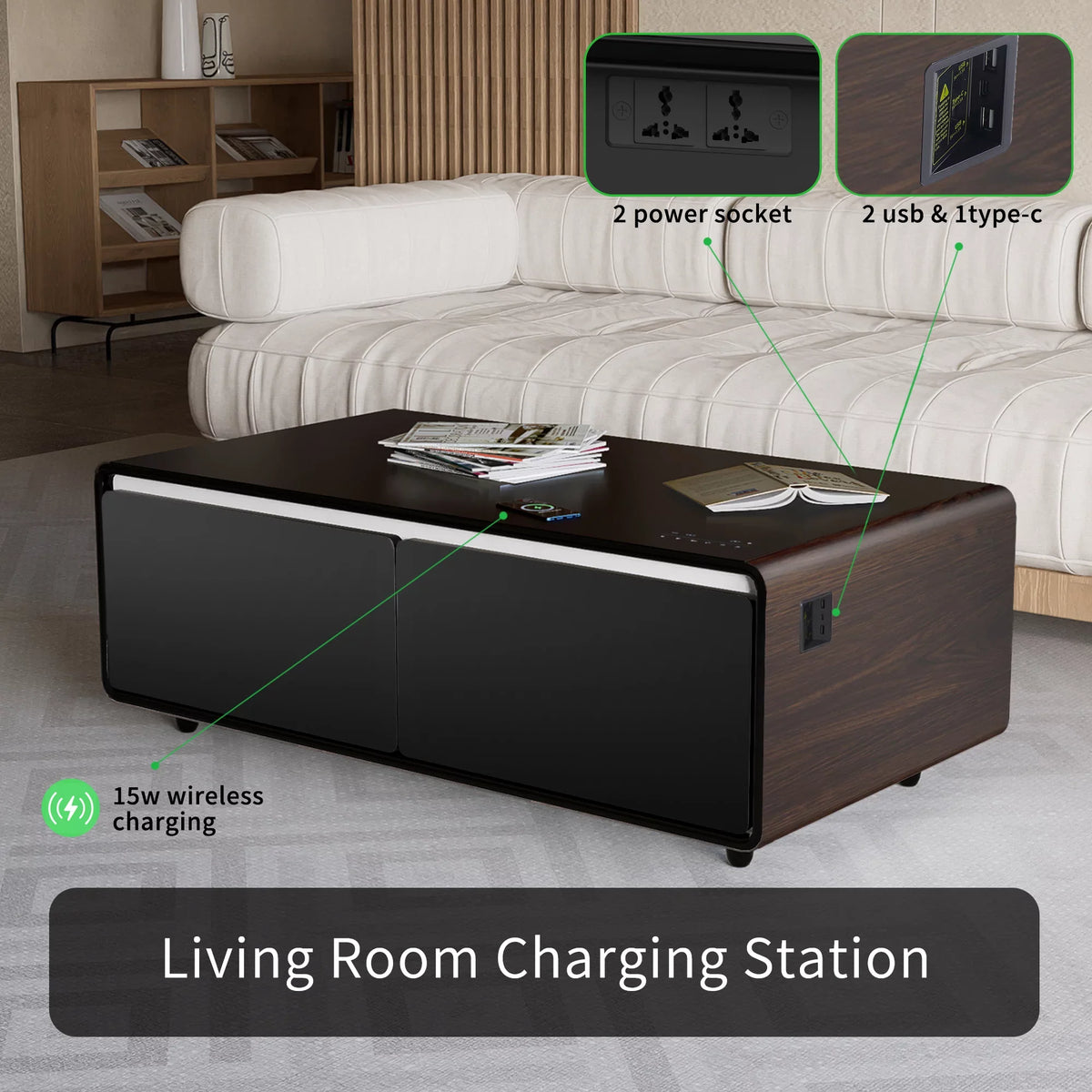 Modern Sizemart Coffee Table with Built-in Fridge, Bluetooth Sizepeaker, Wireless Charging Module, Touch Control Panel, Power Sizeocket, USizeB Interface, Outlet Protection, Atmosphere light, Brown
