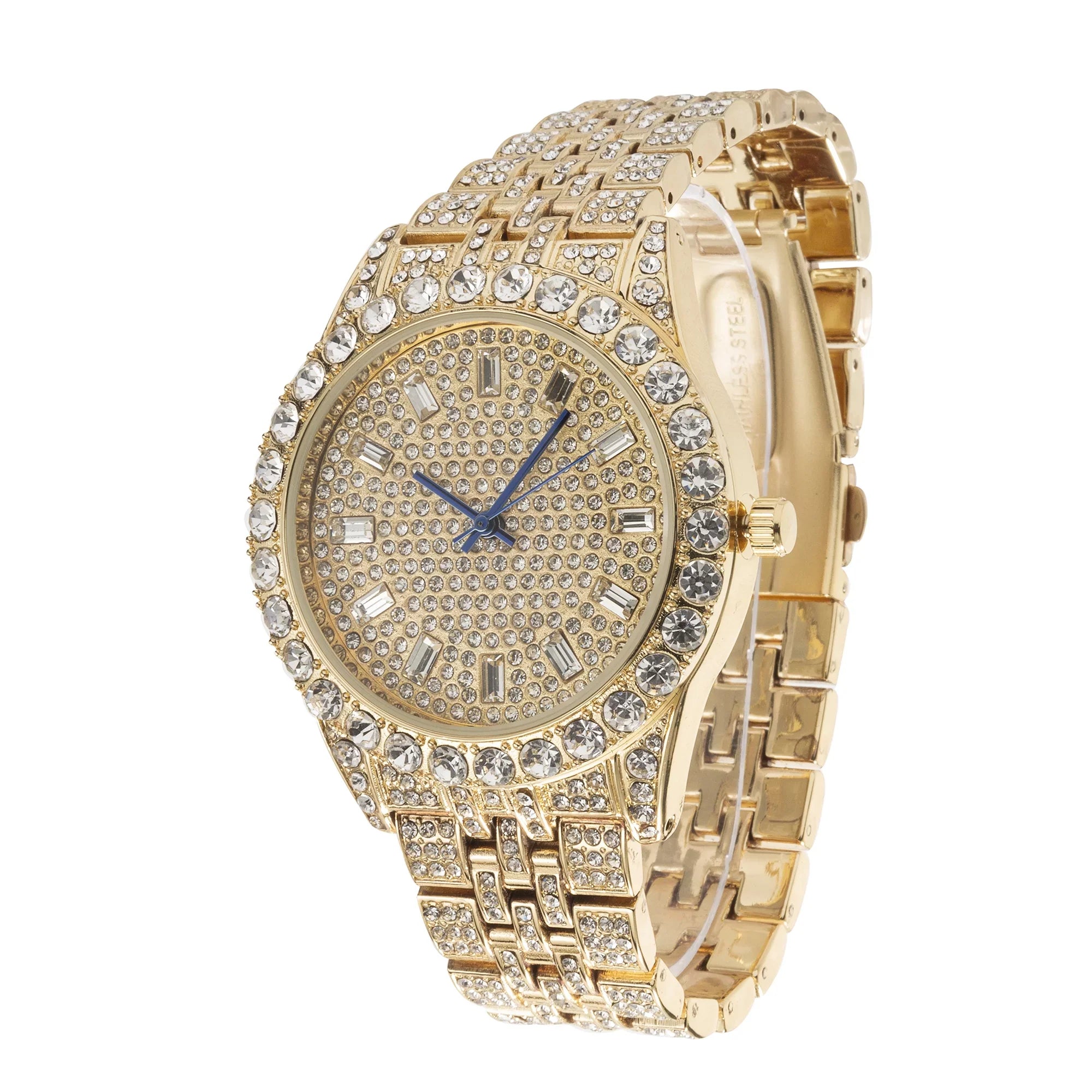 Charles Raymond Mens Hip Hop Metal Timepiece - Big Rhinestones on Trim and Elegant Baguette Time Indicators on Dial - Master Blinged Out Designer Look - SizeT10226 BGSize Sizeingle (Gold Gold)