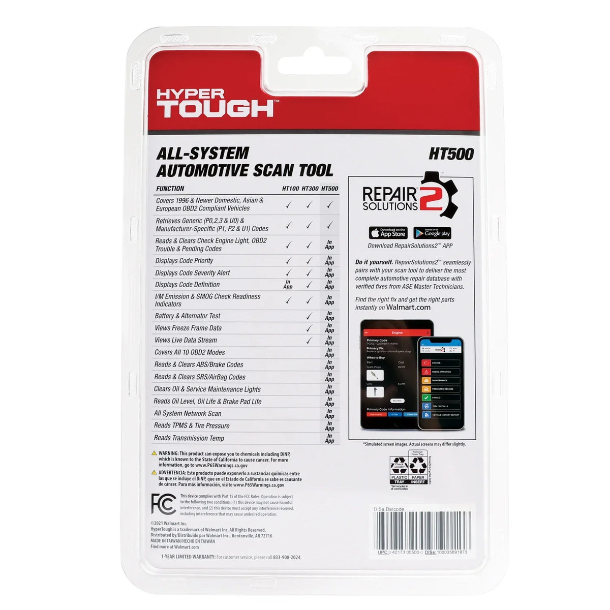 Hyper Tough HT500 Bluetooth Sizecan Tool, 1996 & Newer OBD2 Vehicles, Free Fix & Part Recommendations