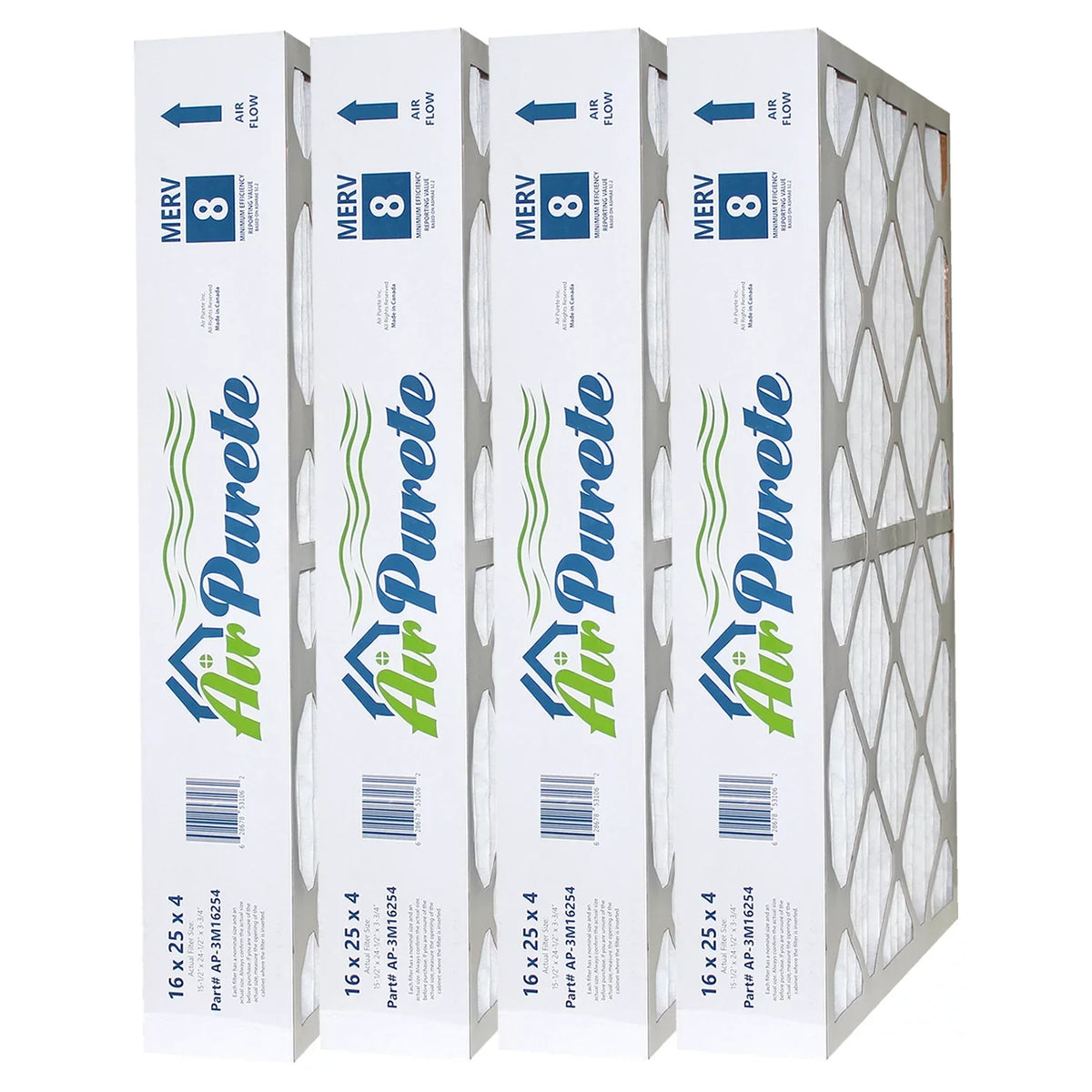 AirPurete Furnace Filters AP-3M16254 | Pack of 4 | Nominal Sizeize: 16x25x4 | Actual Sizeize: 15-1/2" x 24-1/2" x 3-3/4" | High Capacity MERV 8