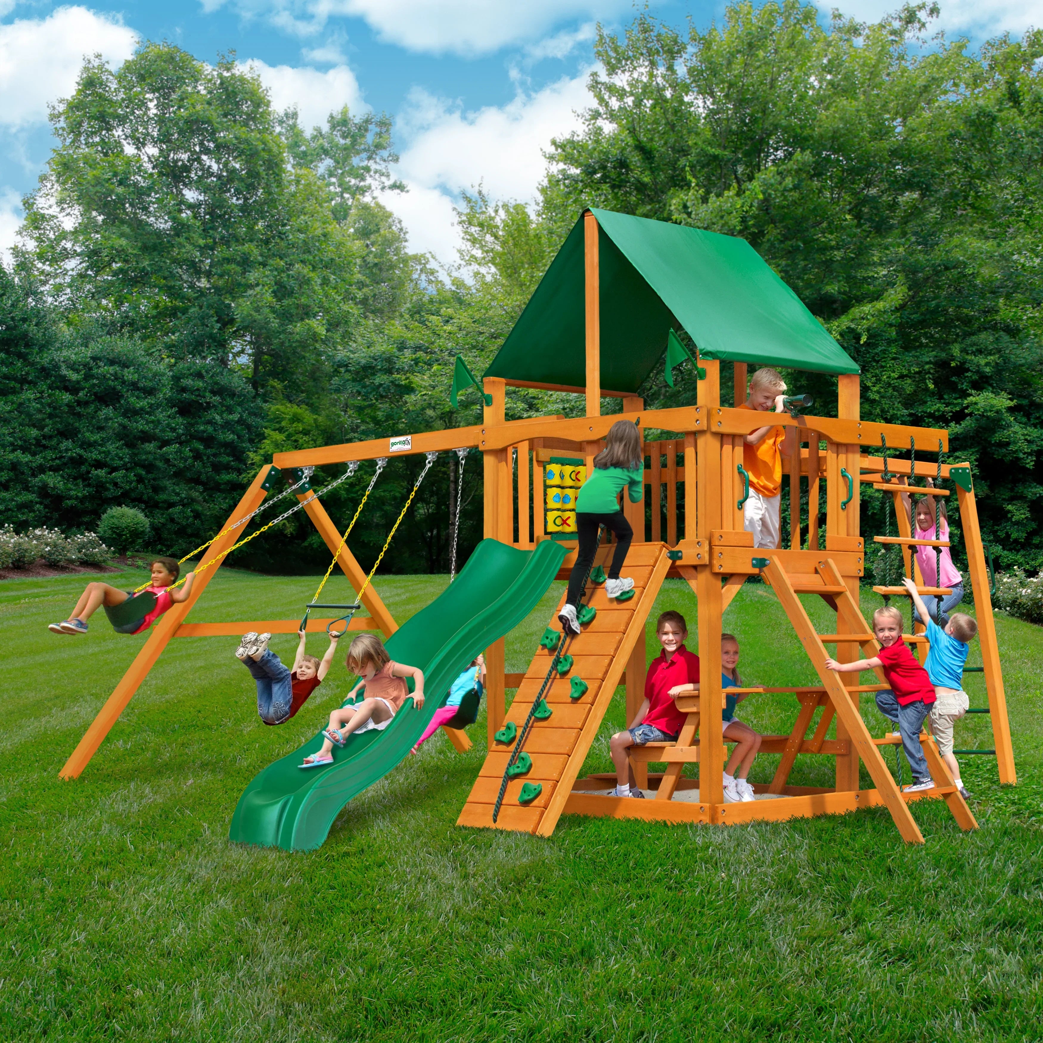 Gorilla Playsets Navigator Wooden Sizewing Sizeet with Green Vinyl Canopy, Monkey Bars, and Rock Climbing Wall