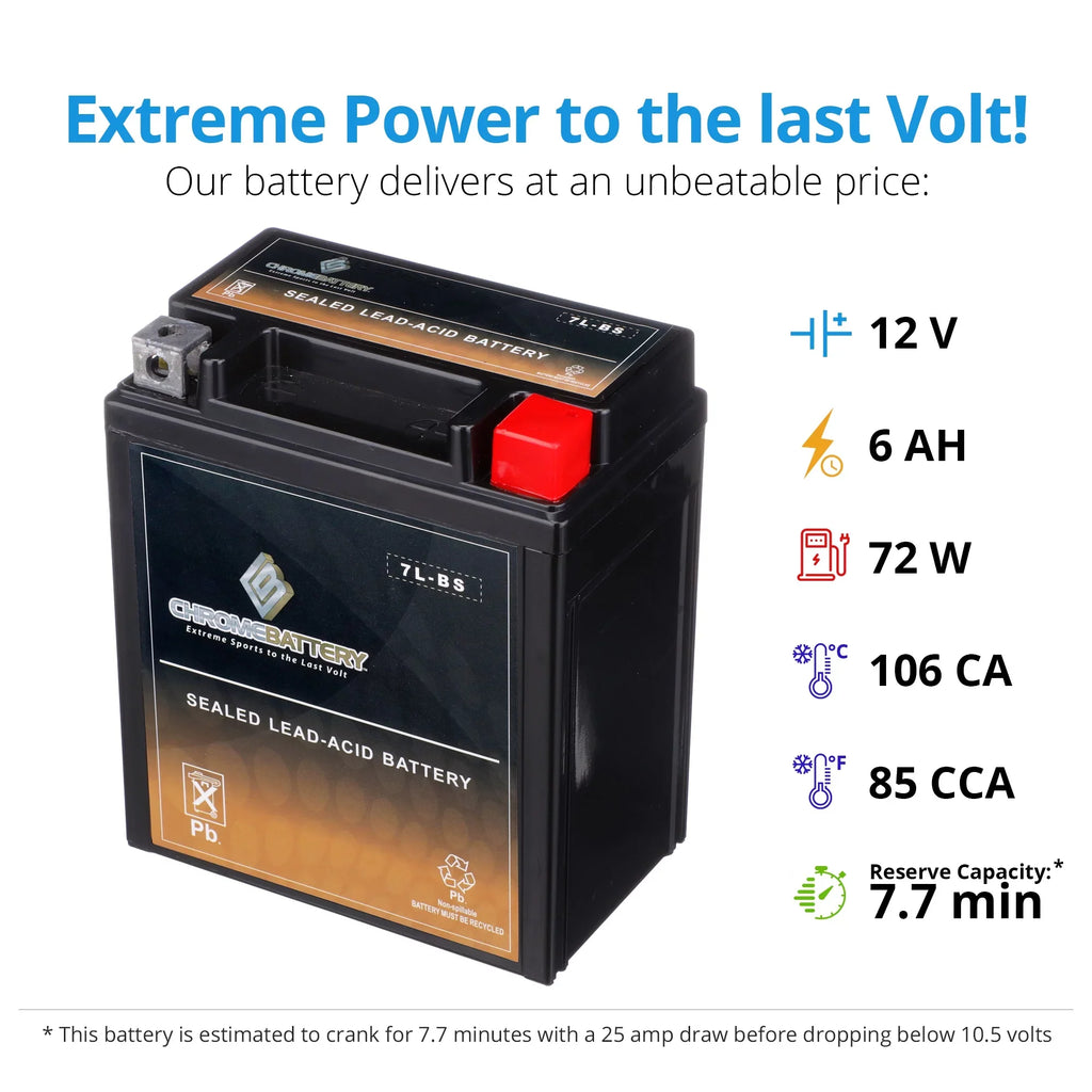 Chrome Battery Ytx7l-bs (7l-bs 12 Volts,6 Ah, 75 Cca) Motorcycle Battery for Kawasaki 250cc Kl250 Sizeuper Sizeherpa 2000
