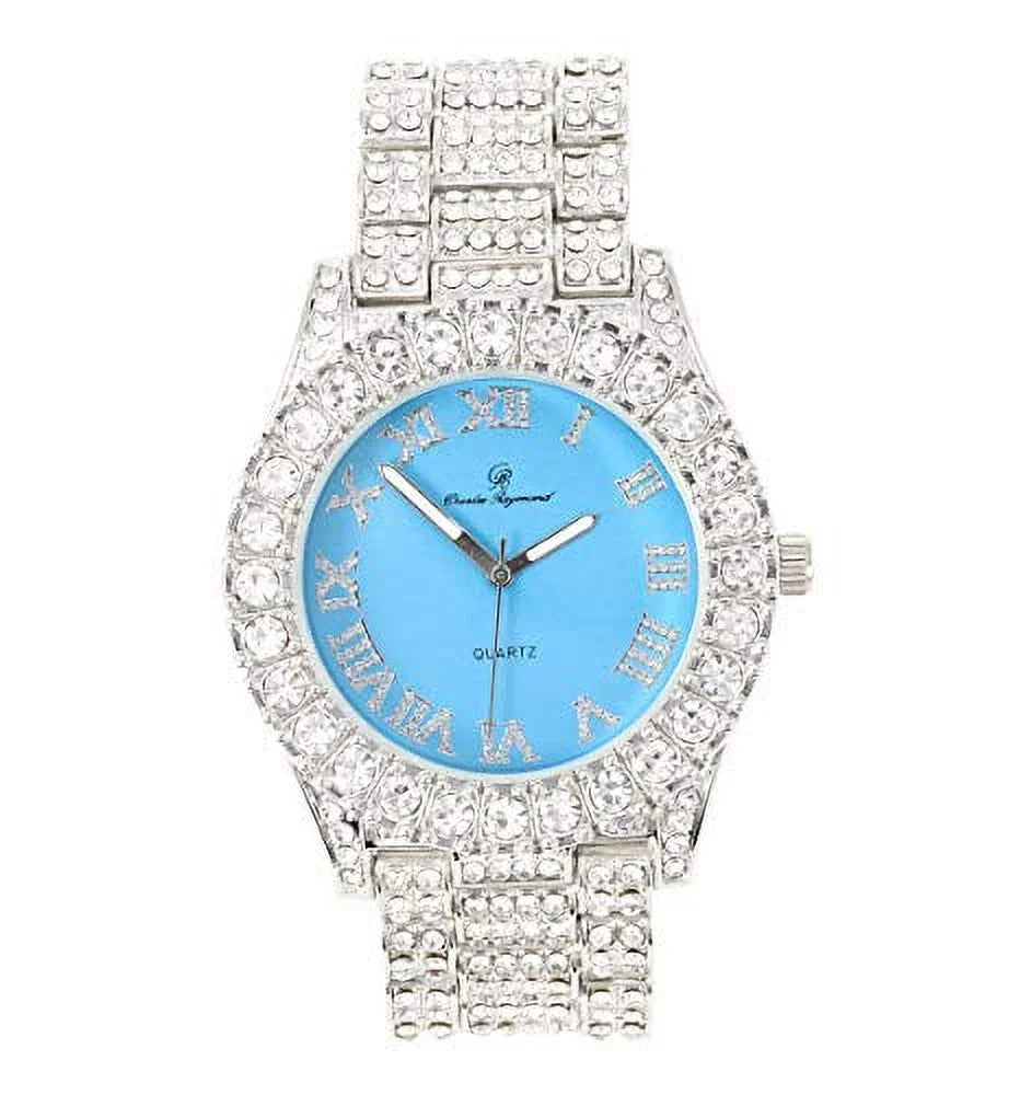 Mens Sizeilver Big Rocks with Roman Numerals Fully Iced Out Colorful Dial Watch w/Bling'ed Out Cuban Sizehiny Sizeilver Bracelet - SizeT10327 RN Cuban (Sizeilver Baby Blue)