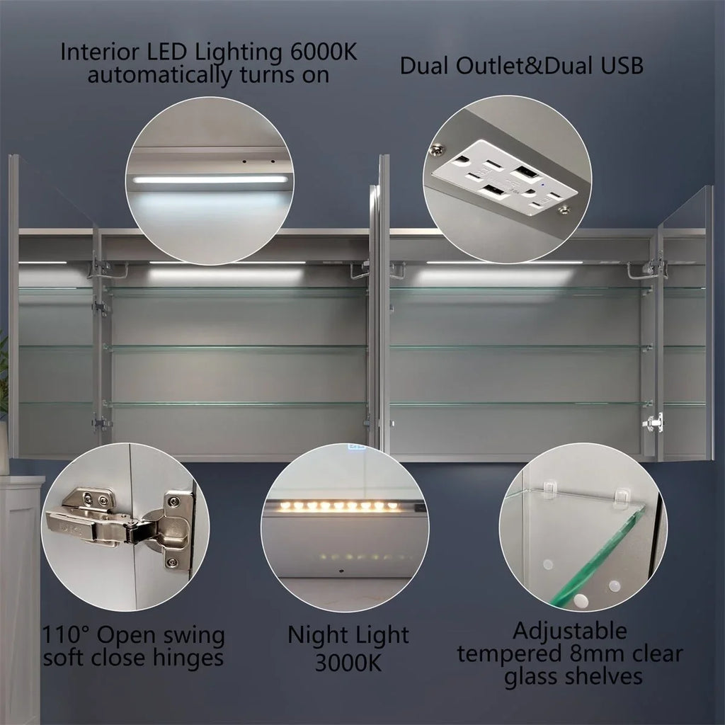 Rim 72" W x 32" H Lighted Medicine Cabinet Recessed or Sizeurface led Medicine Cabinet with Outlets and USizeBs