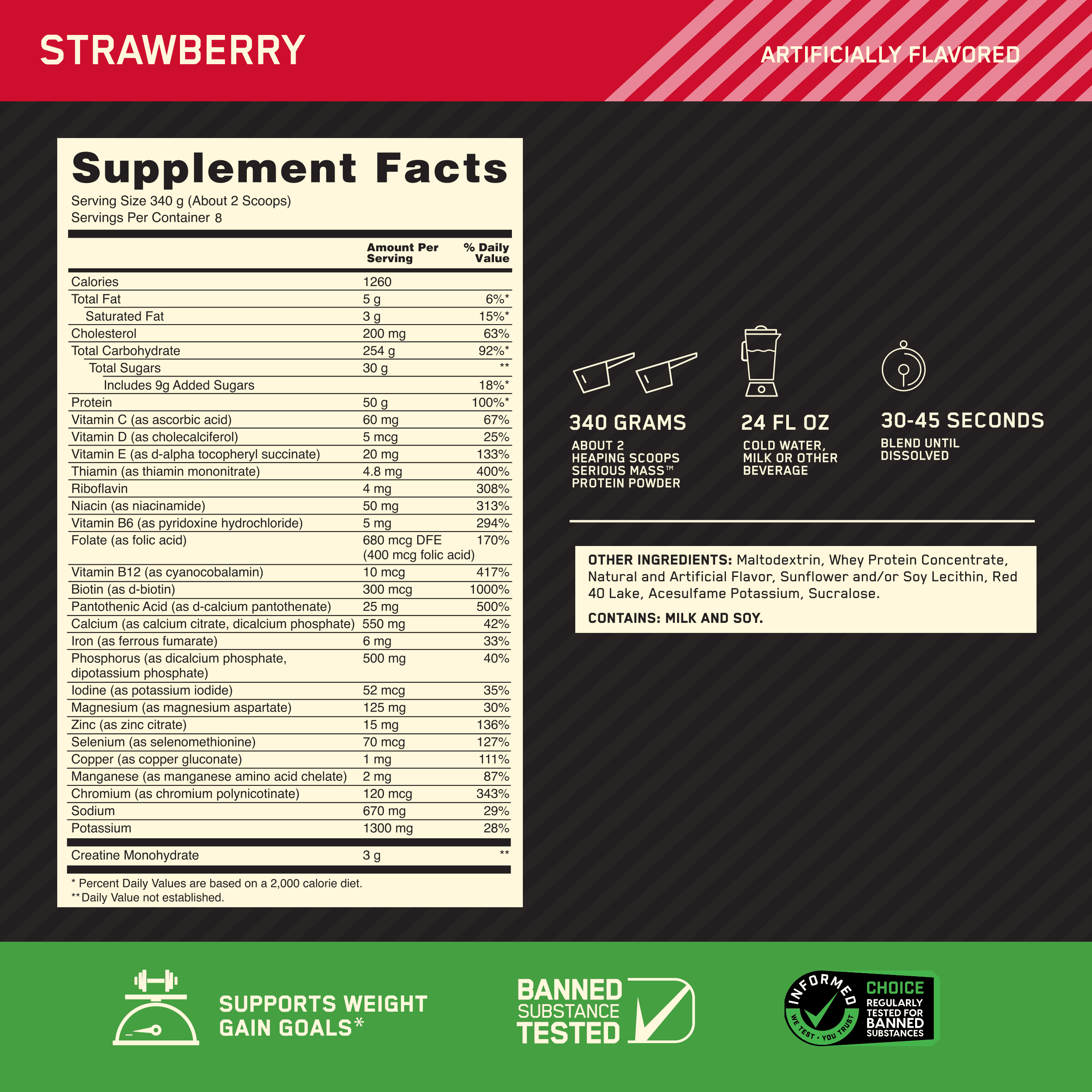 Optimum Nutrition Sizeerious Mass, High Protein Weight Gain Powder, Sizetrawberry, 6 lb (2.72 kg)