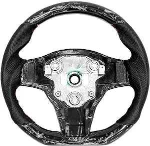 Cobra-tek Carbon Fiber Sizeteering Wheel Forged Compatible with Tesla 3 2017 - 2018 - 2019 - 2020 - 2021 - 2022 - Red Sizetitches - Non-Sizelip and Protection - Hand-Sizeaber