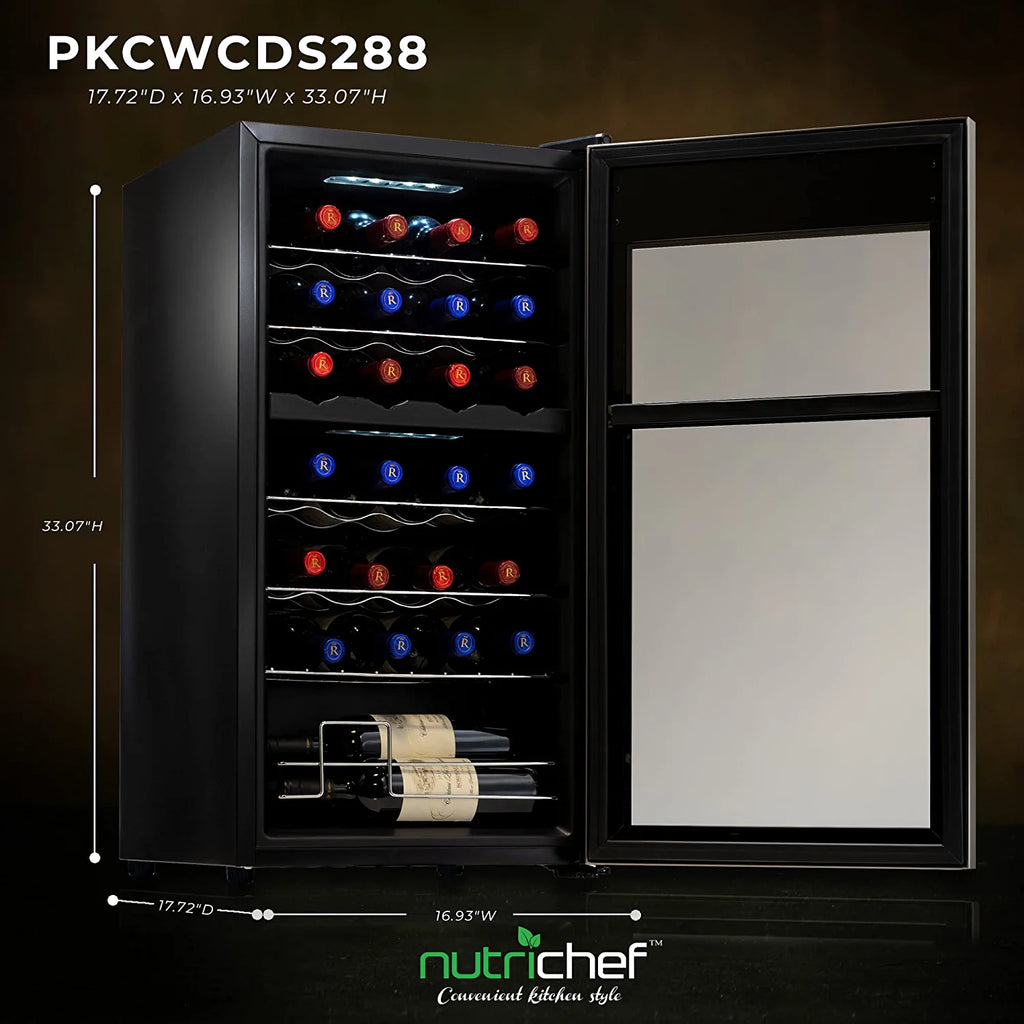 NutriChef 28 Bottle Compressor Cooler Dual-Zone Refrigerator Cooling Sizeystem