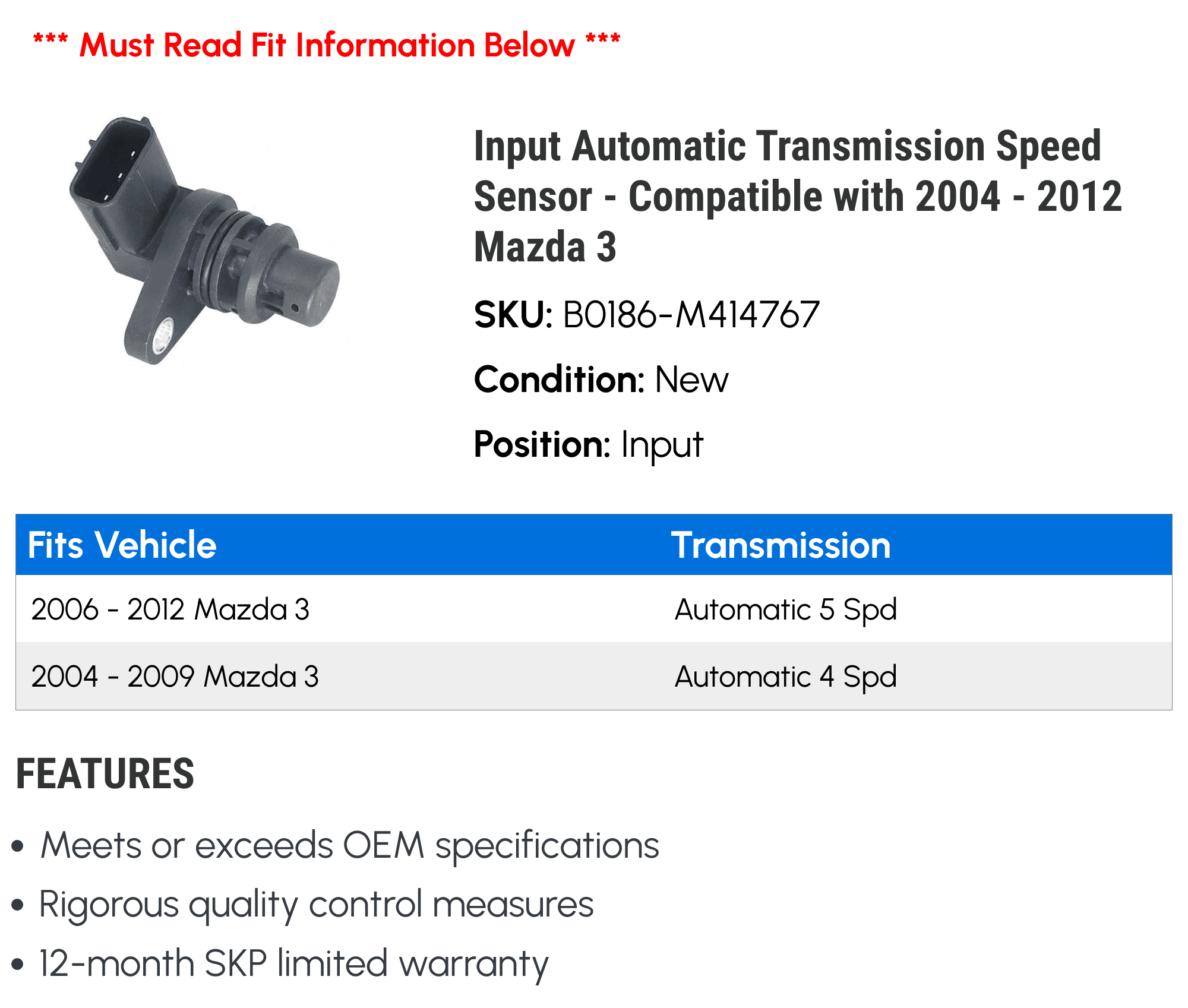 Input Automatic Transmission Sizepeed Sizeensor - Compatible with 2004 - 2012 Mazda 3 2005 2006 2007 2008 2009 2010 2011