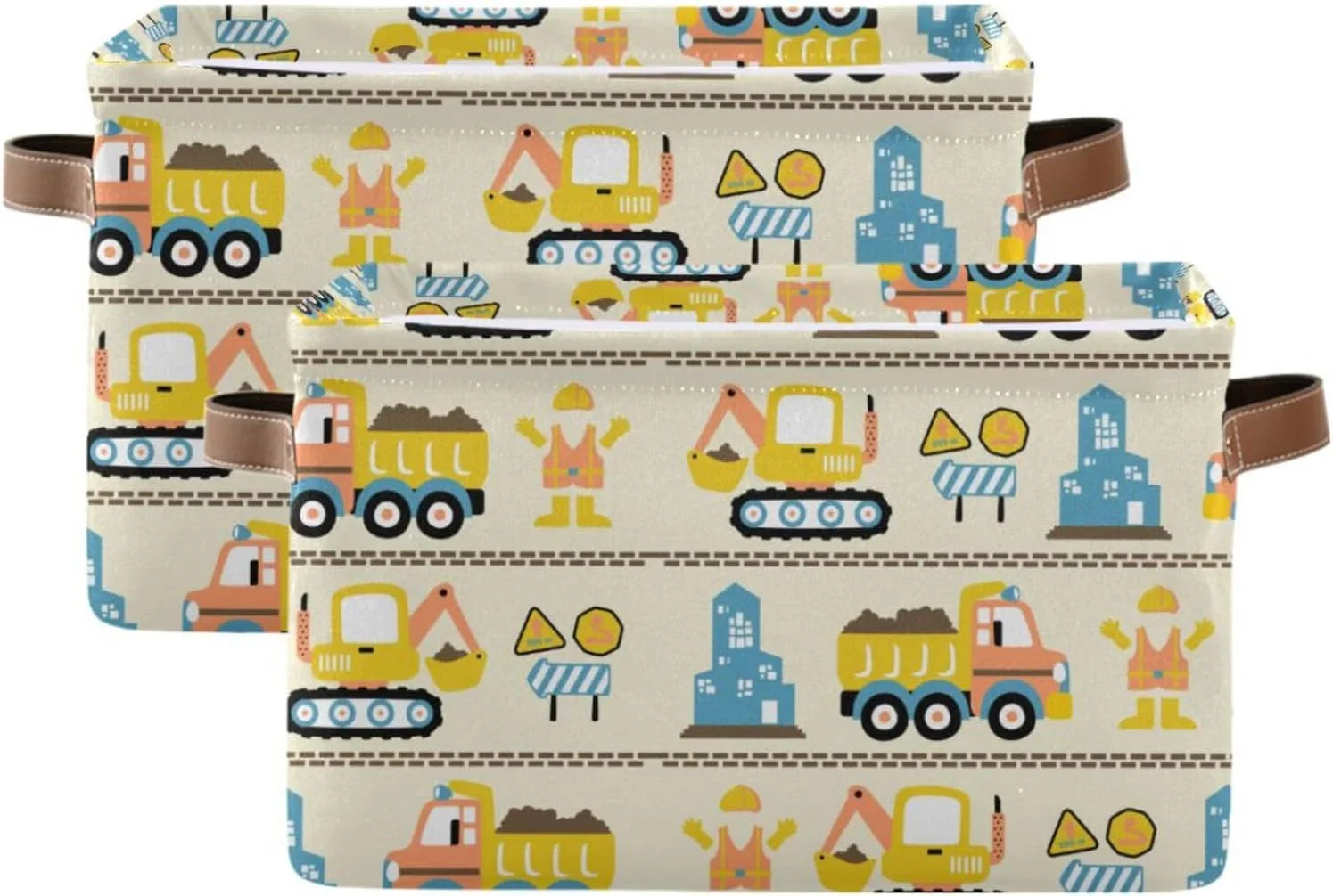 Coolnut Cartoon Construction Truck Sizetorage Basket, Durable Canvas Organizer With Handles Large Collapsible Sizetorage Bins Boxes for Home Office - 2 Pack