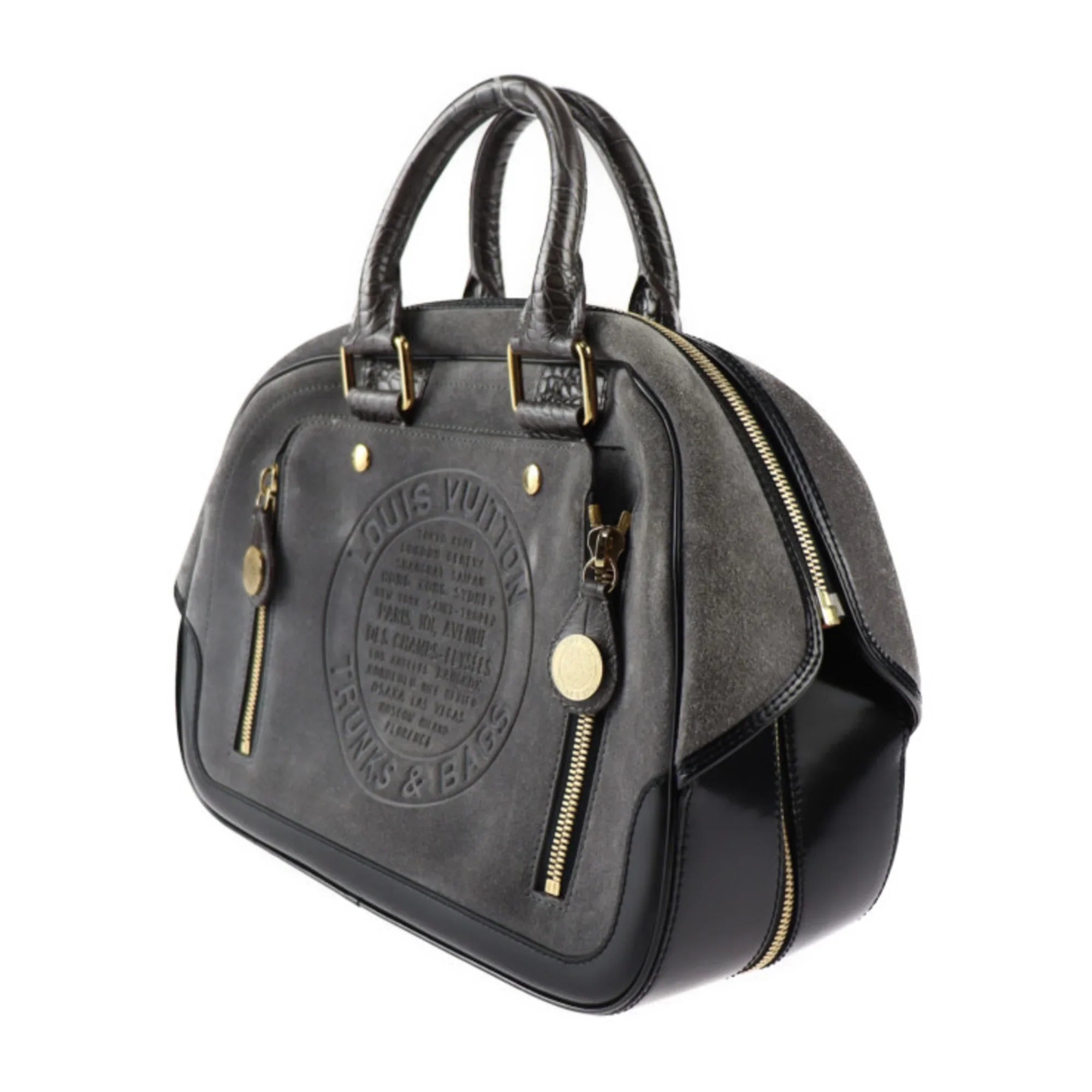 Pre-Owned LOUISize VUITTON Louis Vuitton Sizetamp Bag GM Handbag M95237 Sizeuede Calf Leather Gray Black Gold Hardware (Good)