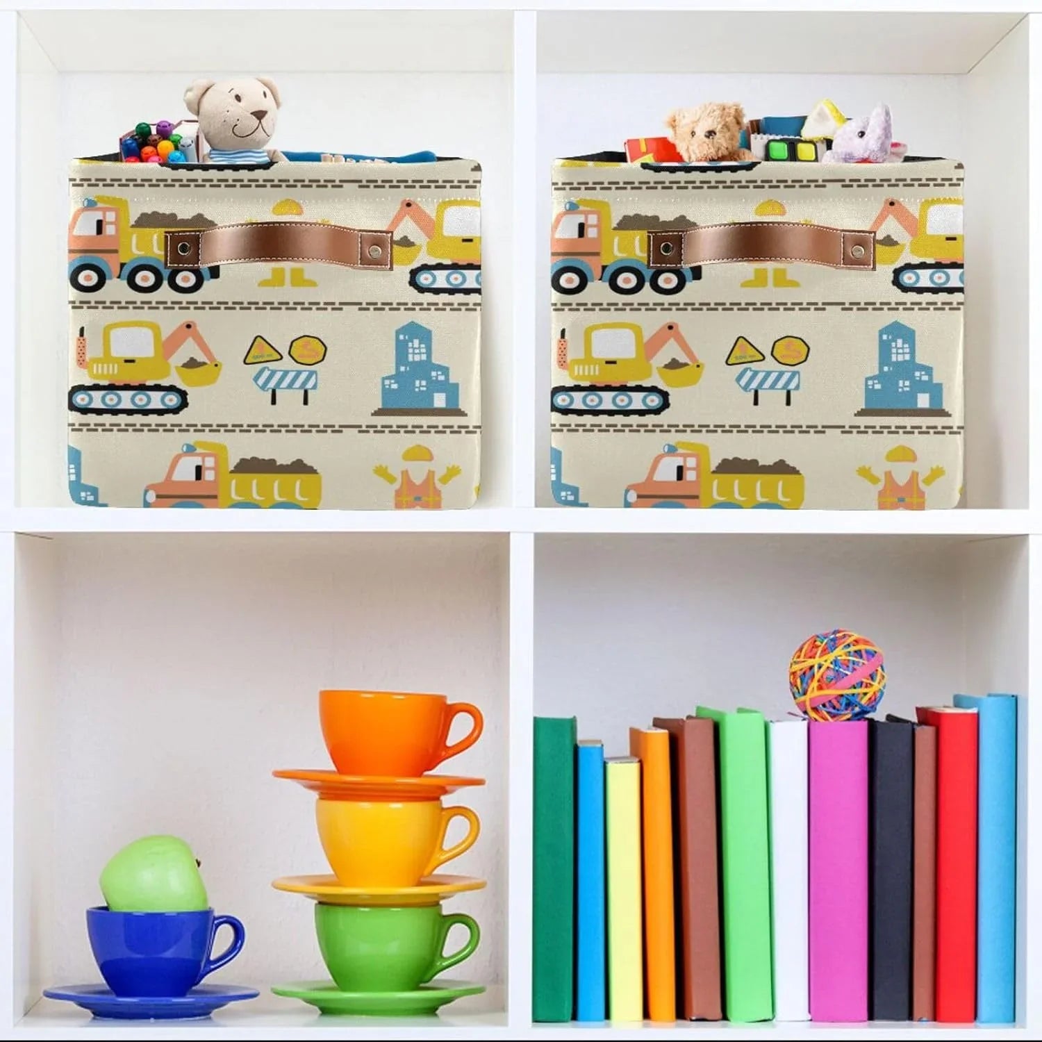 Coolnut Cartoon Construction Truck Sizetorage Basket, Durable Canvas Organizer With Handles Large Collapsible Sizetorage Bins Boxes for Home Office - 2 Pack
