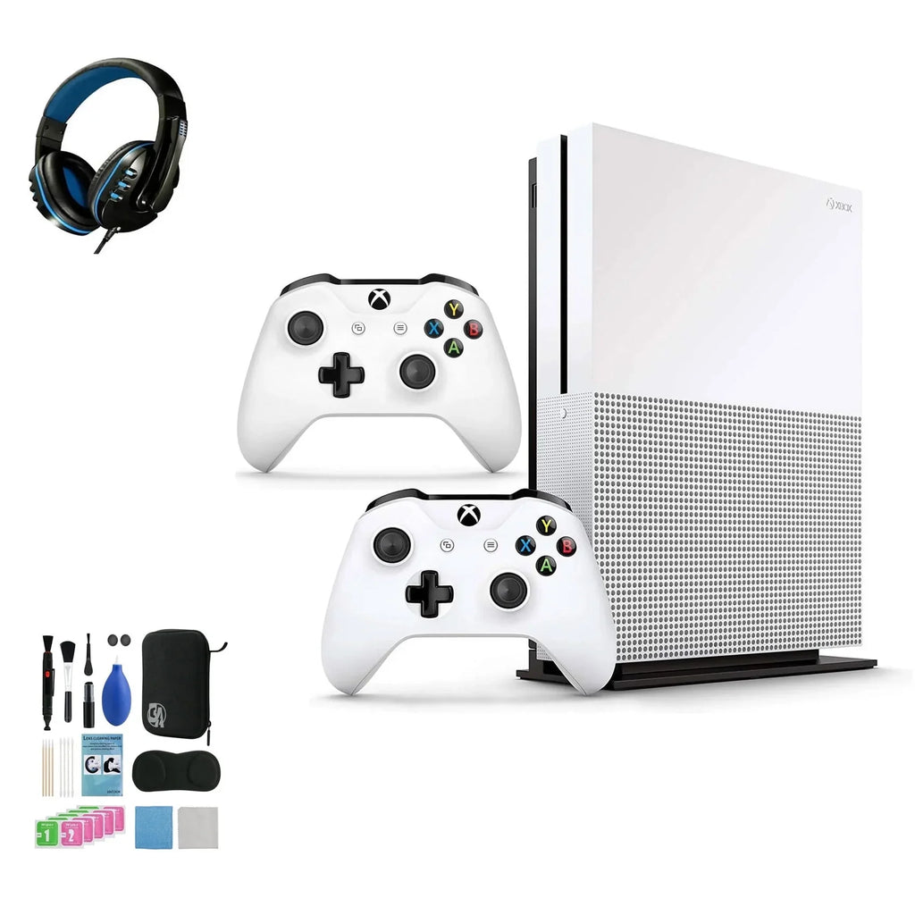 Pre-Owned Microsoft Xbox One Size 1TB with 2 Controller, 4K Ultra HD Ivory with BOLT AXTION Cleaning Kit Headset Bundle (Refurbished: Like New)