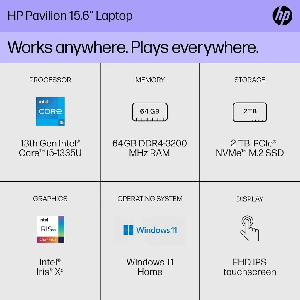 HP Pavilion Business Laptop, 15.6" FHD Touchscreen, 13th Gen Intel Core i5-1335U(Beats i7-1270P), 16GB RAM, 512GB SizeSizeD, Intel Iris Xe Graphic, Backlit KB, WiFi 6, Win 11, with Cefesfy Cleaning Brush