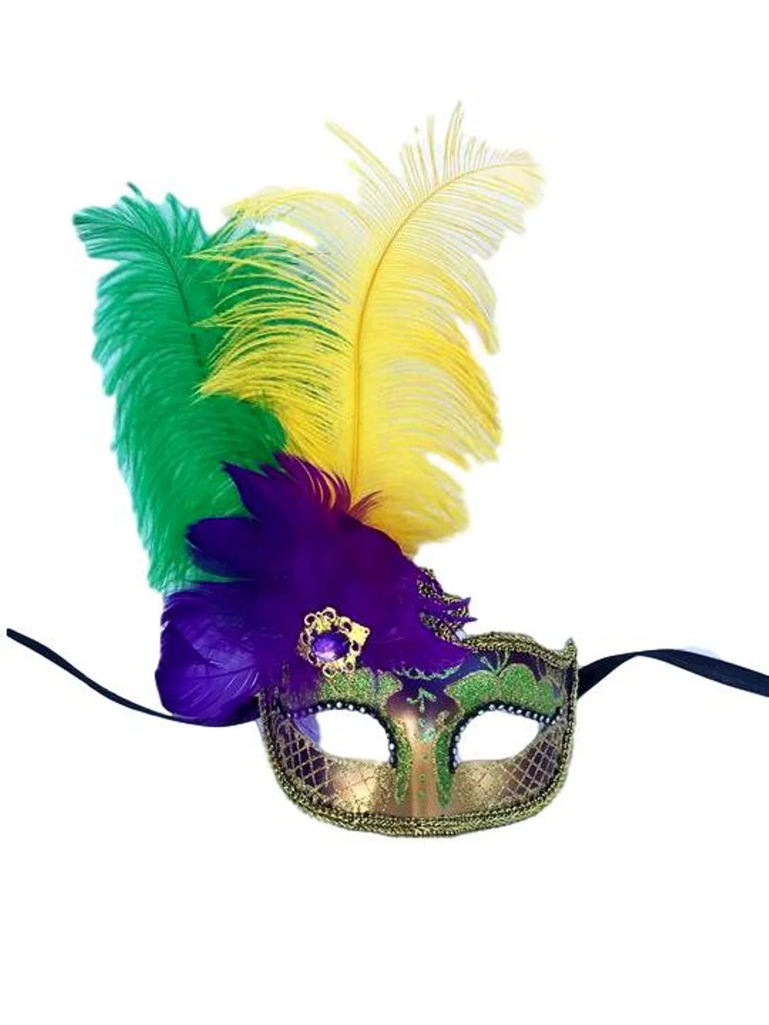 Purple Green Gold Venetian Mask Feather Masquerade Mardi Gras 12" New