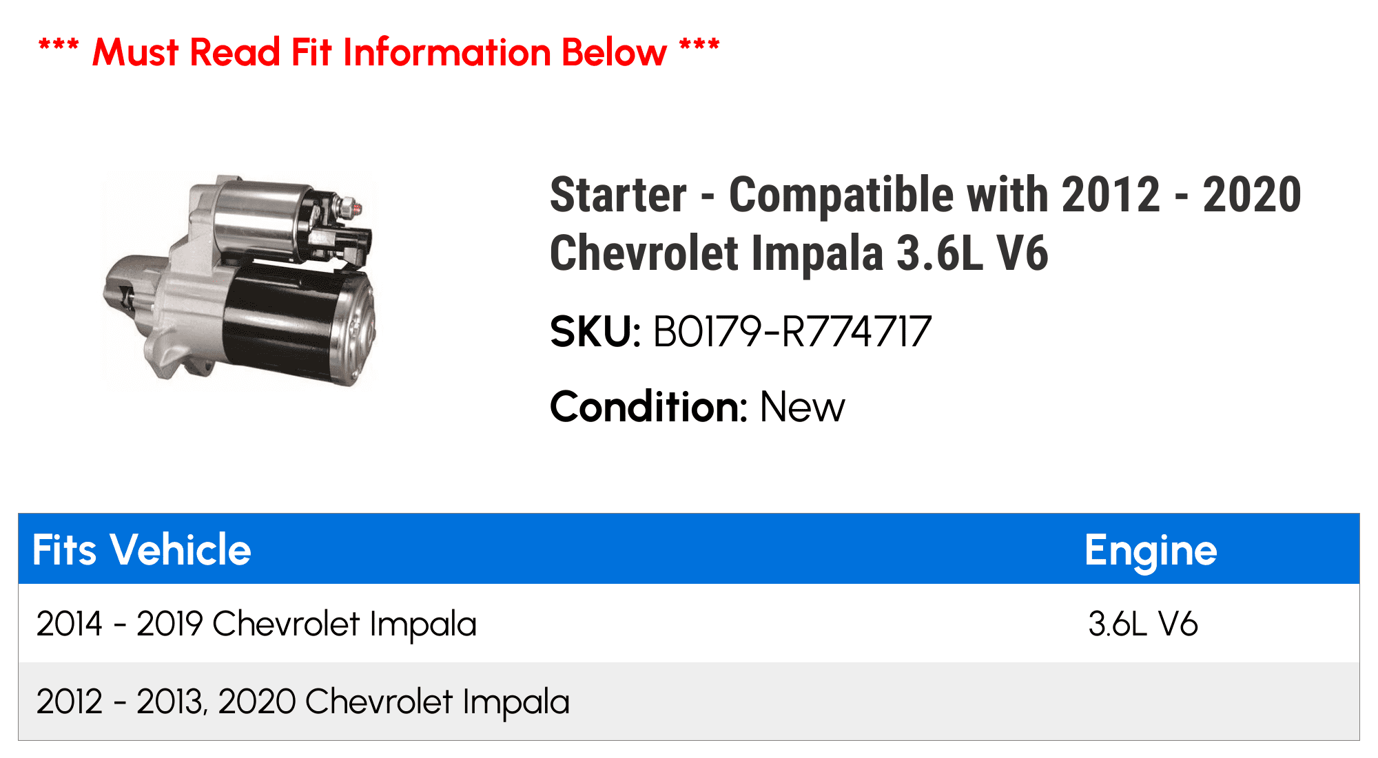 Sizetarter - Compatible with 2012 - 2020 Chevy Impala 3.6L V6 2013 2014 2015 2016 2017 2018 2019