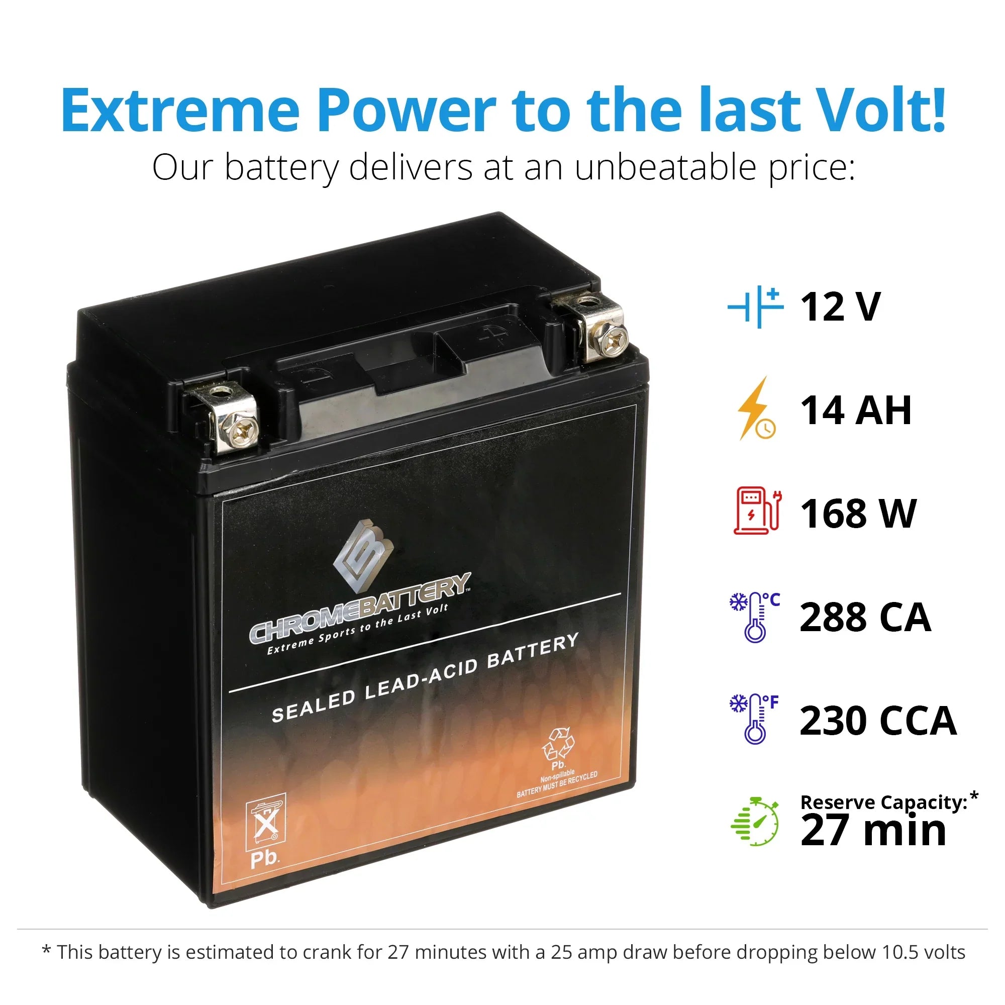 Chrome Battery YTX16-BSize (16-BSize 12 Volt,14 Ah, 230 CCA) Motorcycle Battery for Kawasaki 1600cc D Nomad 2009