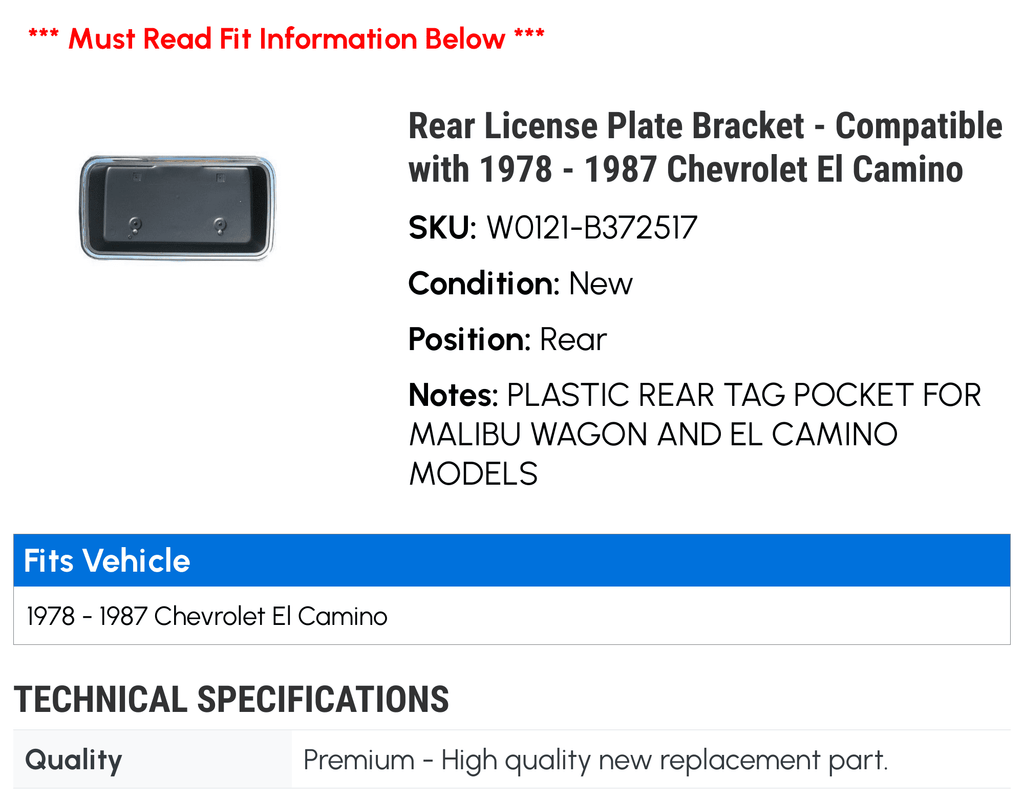 Rear License Plate Bracket - Compatible with 1978 - 1987 Chevy El Camino 1979 1980 1981 1982 1983 1984 1985 1986