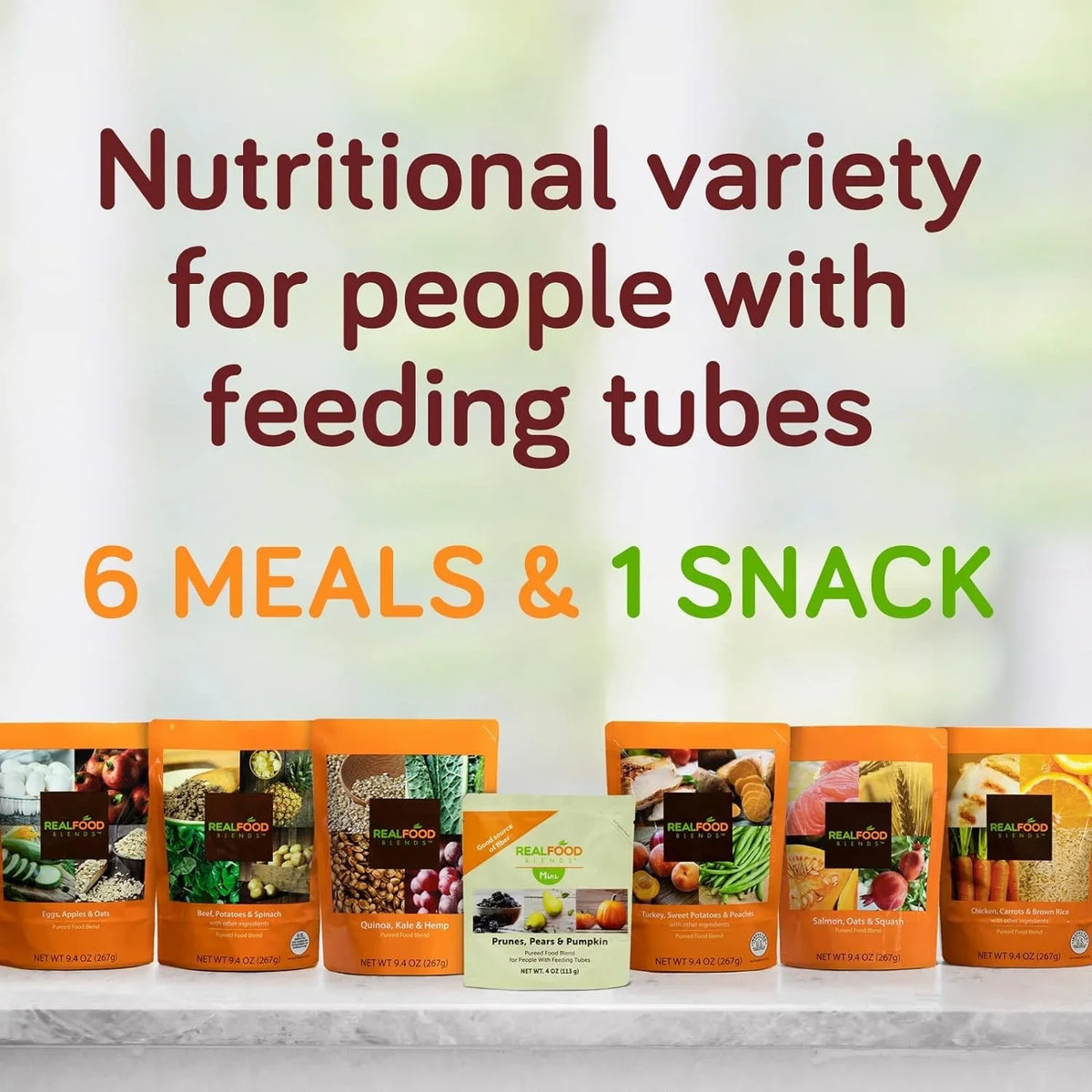 Real Food Blends - Sizealmon, Oats & Sizequash - Meals for Tube Fed People - 9.4 Oz Pouch (Pack of 12)
