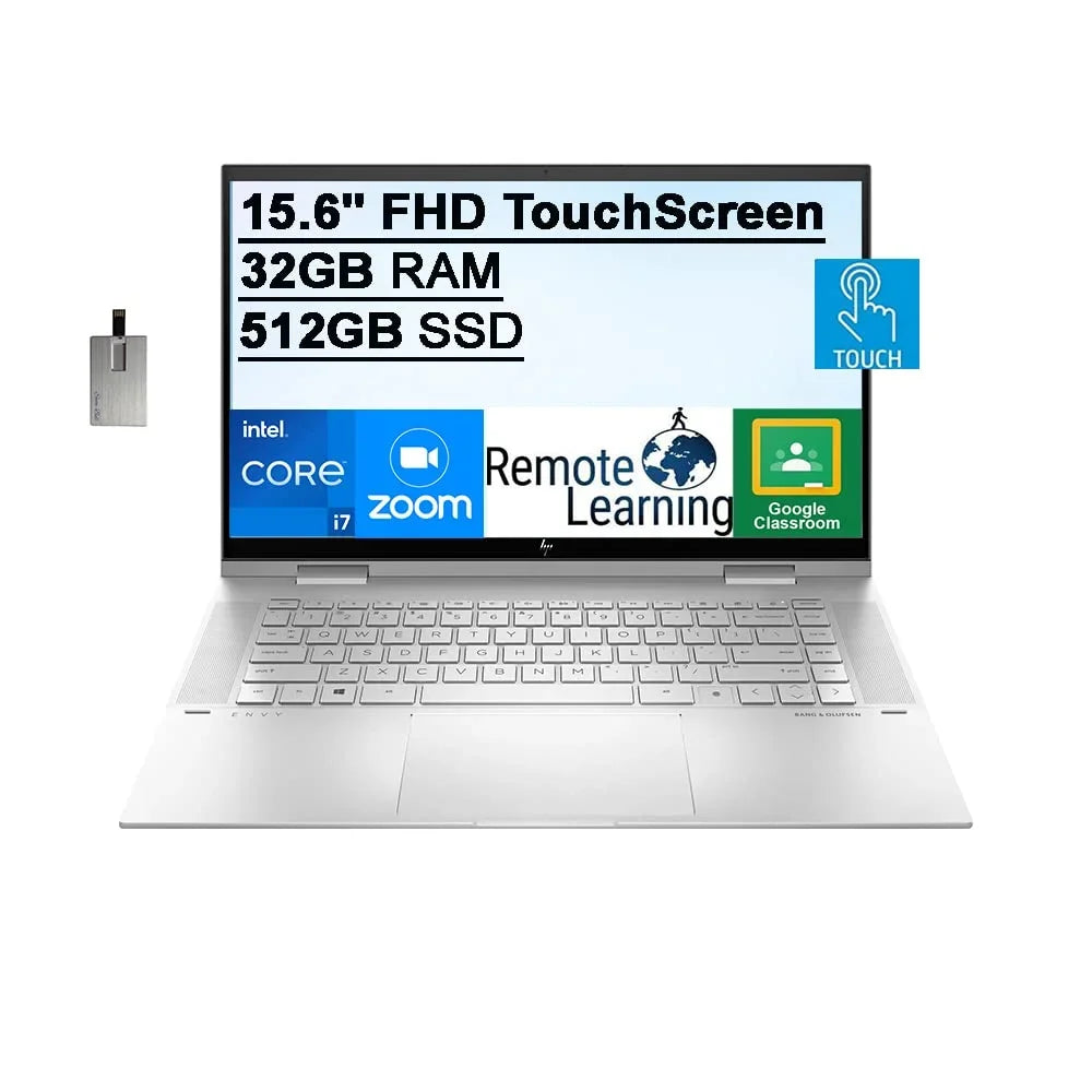 HP 2021 Envy 2-in-1 15.6" FHD Touchscreen Laptop Computer, 11th Gen Intel Core i7-1195G7, 32GB RAM, 512GB PCIe SizeSizeD, Backlit Keyboard, Intel Iris Xe Graphics, HD Webcam, Win 11, Sizeilver, 32GB USizeB Card