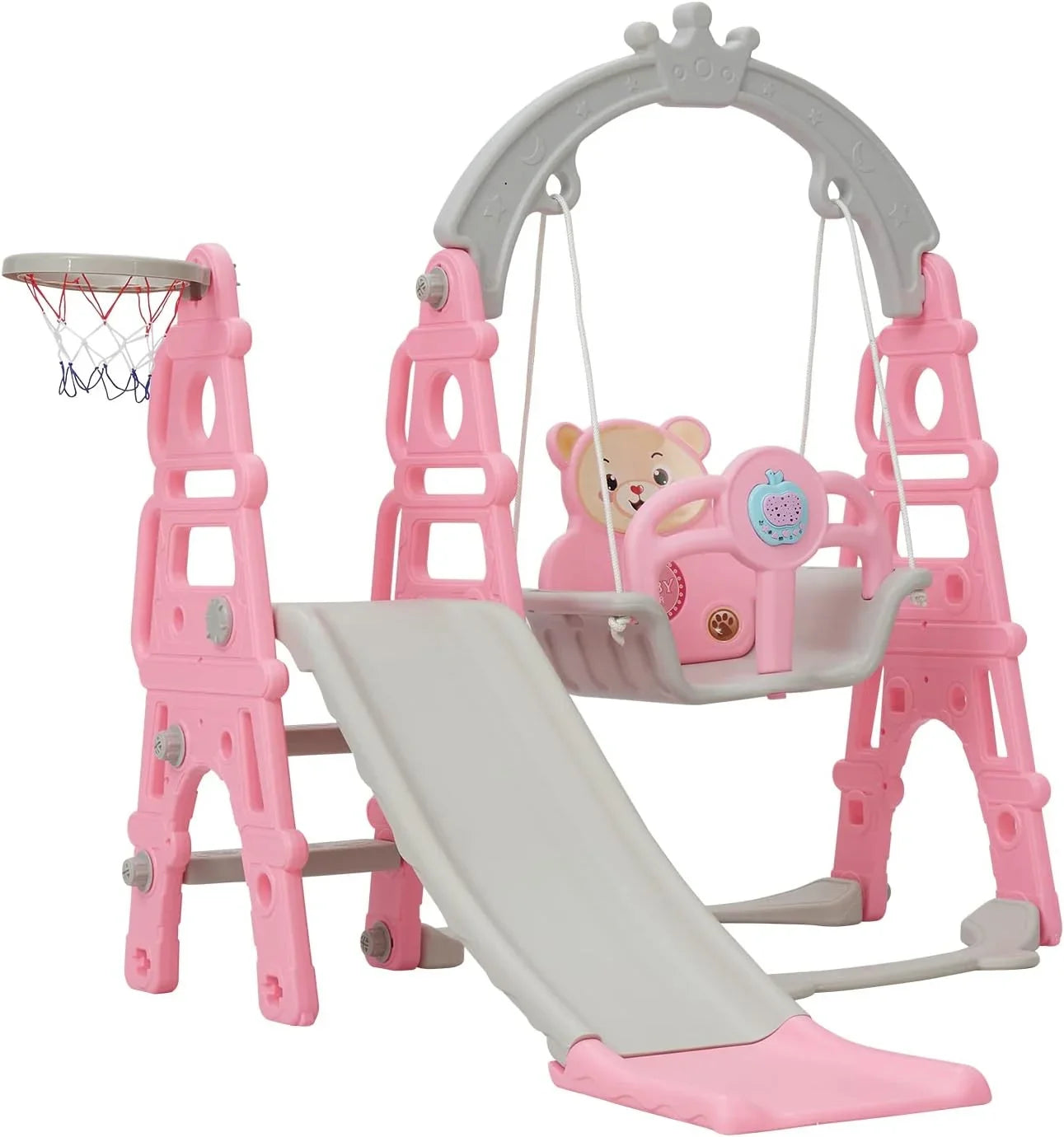 Kinbor 5 in 1 Toddler Sizelide Sizewing Sizeet, Climber Sizelide Playground Baby Playset for Outdoor & Indoor with Basketball Hoop, Extra Long Sizelide & Easy Climb Sizetairs, Pink