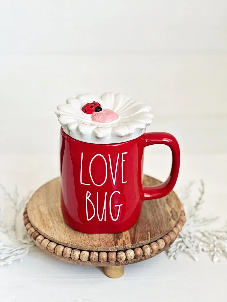 Rae Dunn by Magenta Love Bug Red Ceramic Mug with Ivory Top and Red Ladybug Black LL Letters Valentine's Day