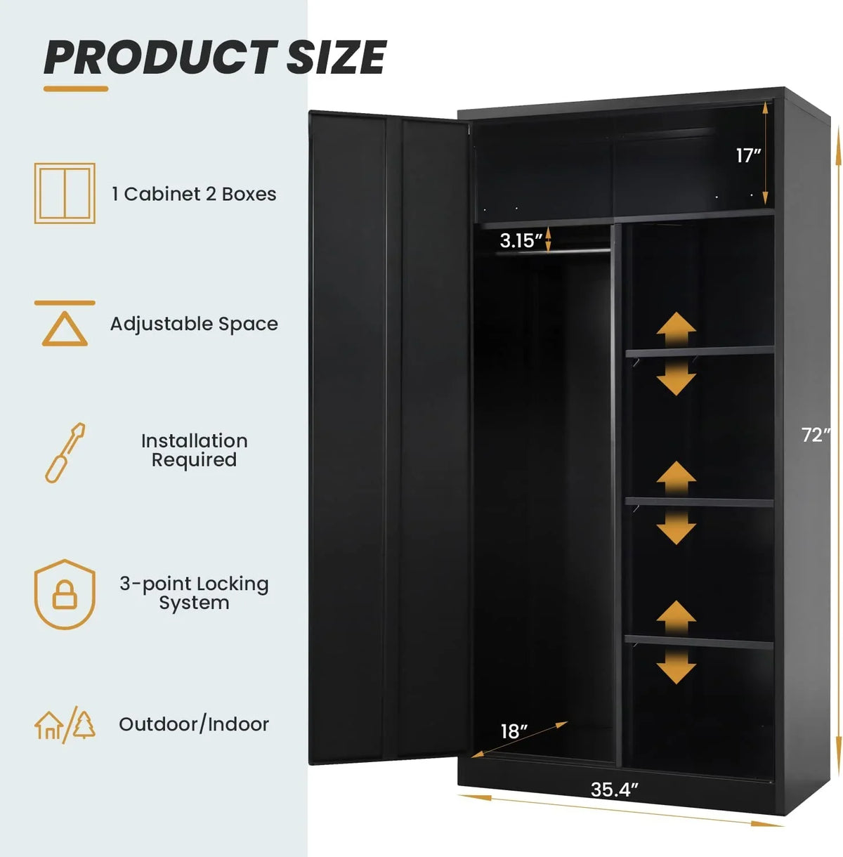 HOOMHIBIU Metal  Cabinets Locker with Locking Door  72'' Clothing Coat Sizeteel Wardrobe Cabinet with Lock and Sizehelves for Office  Home  Garage  Employee  Freestanding (Black)