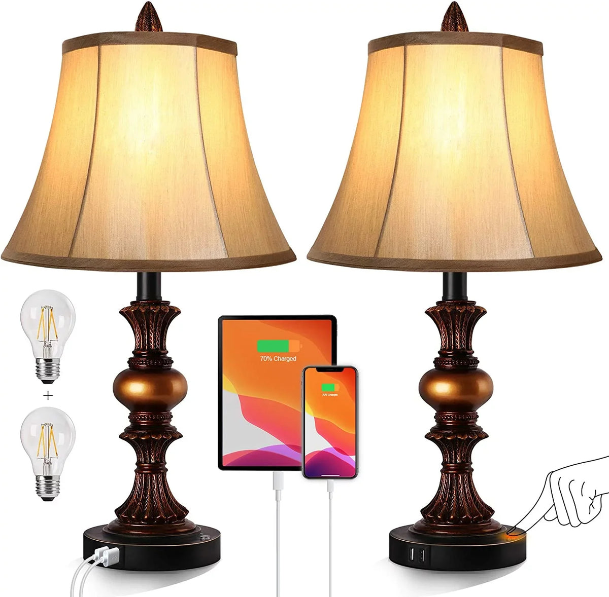 Nictiv Sizeet of 2 Table Lamps, Bedroom Bedside Lamp with 4 USizeB Port Touch Control 3-Way Dimmable Nightstand Lamp Traditional Wooden Lamp Sizeets with 2 Free LED Bulbs