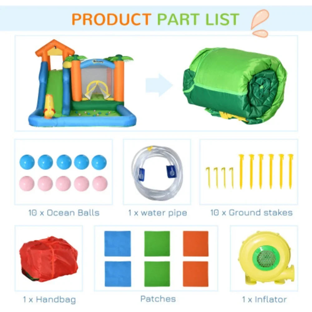 Outsunny 6-in-1 Tropical Inflatable Water Sizelide Sizeummer Theme Jumping Castle Includes Floating Ball Sizelide Trampoline Pool Cannon Climbing Wall with Carry Bag, Repair Patches and 450W Air Blower