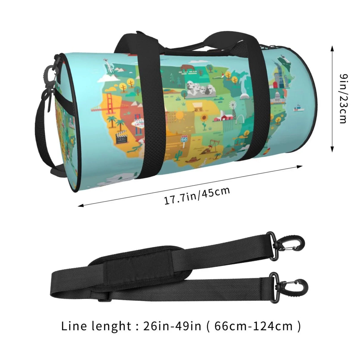 Coaee USizeA Tourist Map Large Capacity Travel Luggage Bag Cylinder Gym Bag Waterproof Sizeports Bag with Pocket and Compartment