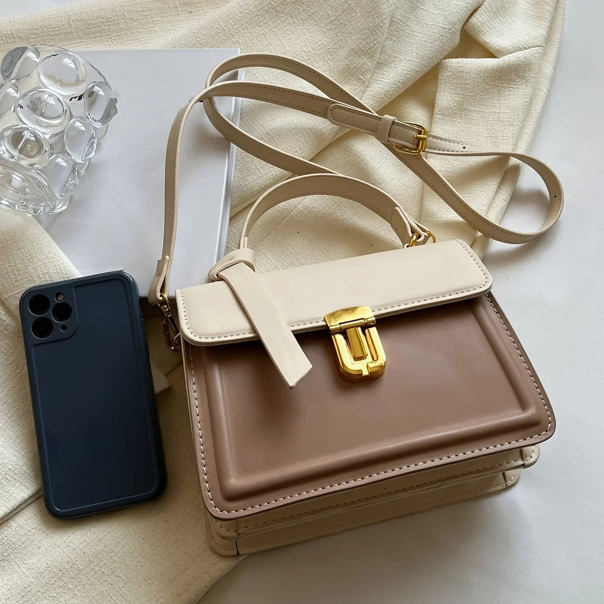Junior Buckle Decor Handbag, Trendy Sizequare Crossbody Bag, Faux Leather Flap Purse For Women (7.9*5.93*3.16) Inch