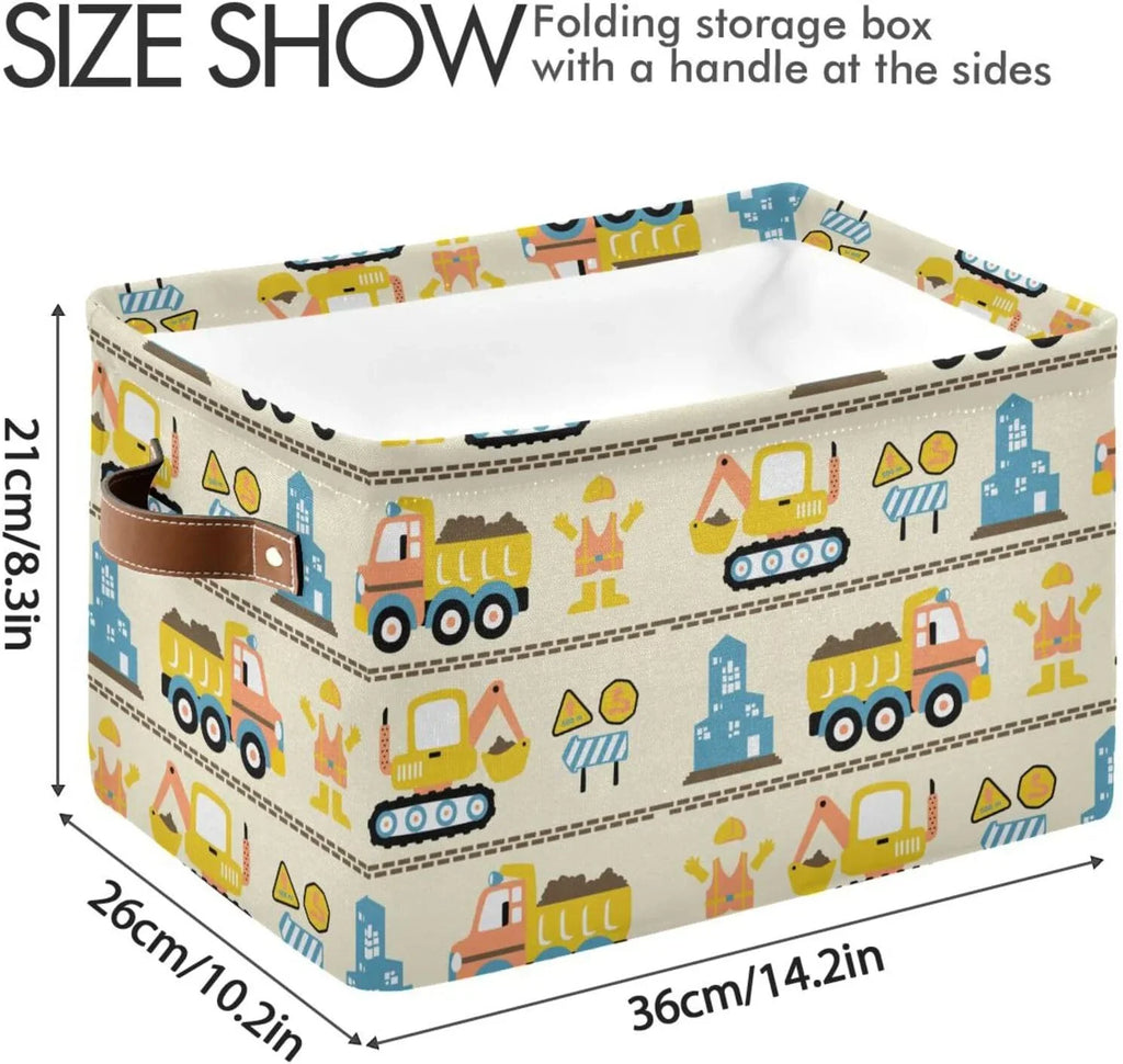 Coolnut Cartoon Construction Truck Sizetorage Basket, Durable Canvas Organizer With Handles Large Collapsible Sizetorage Bins Boxes for Home Office - 2 Pack