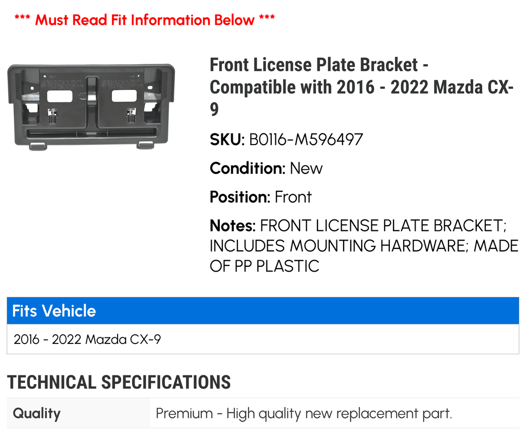 Front License Plate Bracket - Compatible with 2016 - 2022 Mazda CX-9 2017 2018 2019 2020 2021