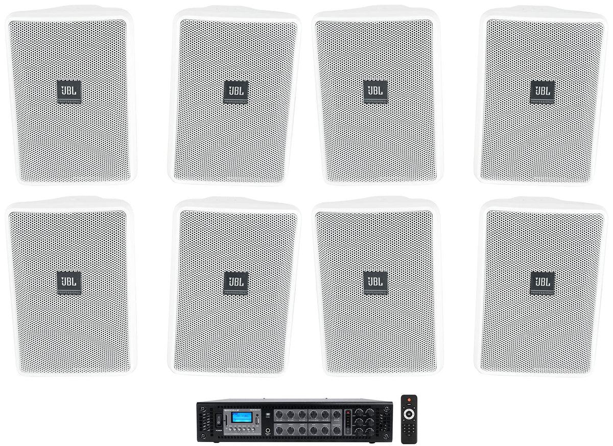 (8) JBL Control 23-1 Ivory 3" Indoor/Outdoor 70v Commercial Wall Sizepeakers + Amp