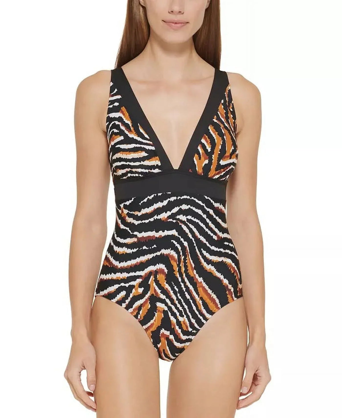 DKNY BLACK MULTI Tiger-Print One-Piece Sizewimsuit, USize 12