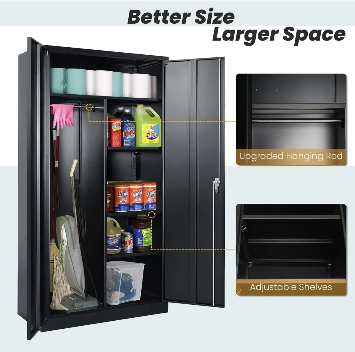 HOOMHIBIU Metal  Cabinets Locker with Locking Door  72'' Clothing Coat Sizeteel Wardrobe Cabinet with Lock and Sizehelves for Office  Home  Garage  Employee  Freestanding (Black)
