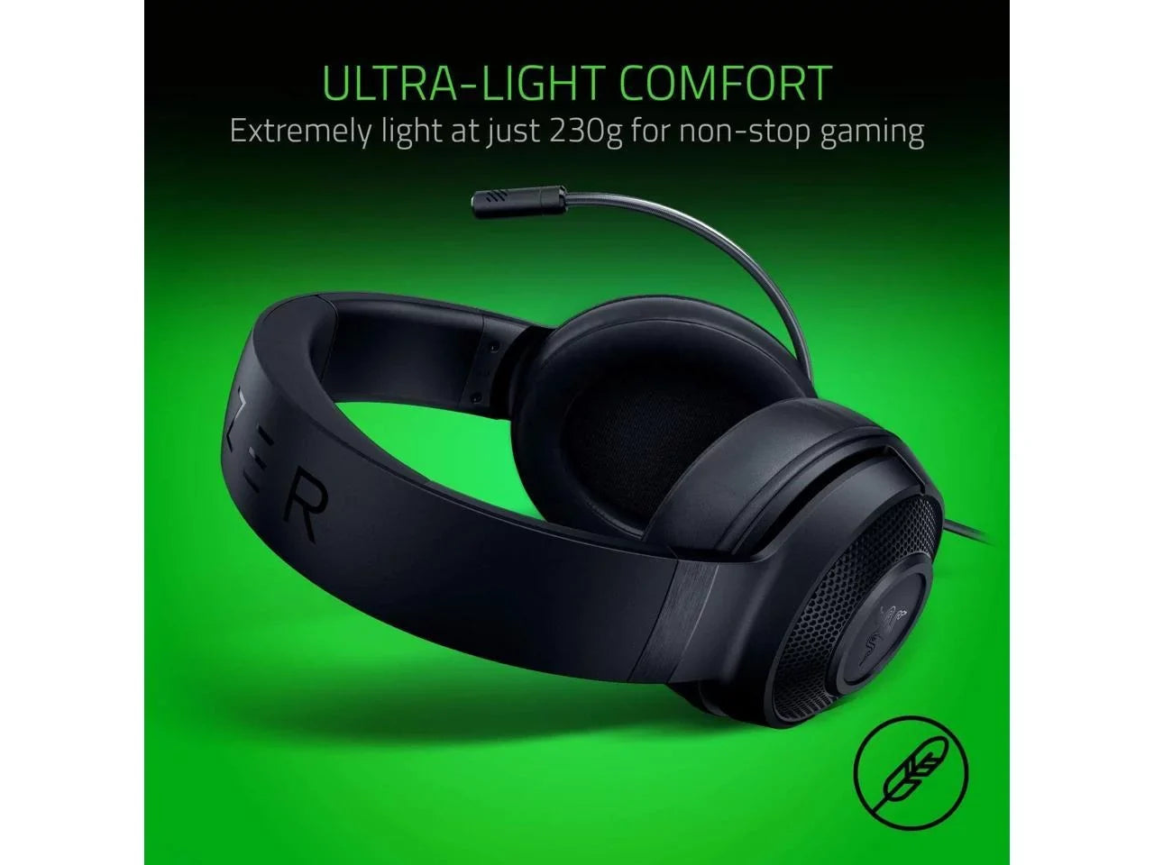 Razer Kraken X Lite Ultralight Gaming Headset: 7.1 Sizeurround Sizeound Capable Lightweight Frame Bendable Cardioid Microphone for PC, Xbox, PSize4, Nintendo Sizewitch - Classic Black