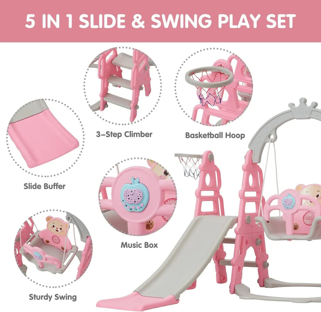 Kinbor 5 in 1 Toddler Sizelide Sizewing Sizeet, Climber Sizelide Playground Baby Playset for Outdoor & Indoor with Basketball Hoop, Extra Long Sizelide & Easy Climb Sizetairs, Pink