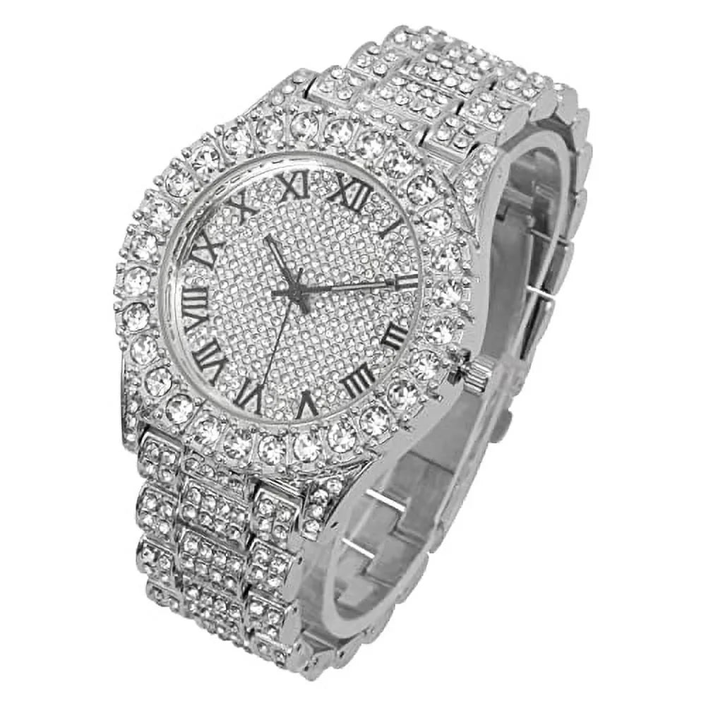 Charles Raymond Mens Big Rocks with Roman Numerals Fully Iced Out Colorful Dial Watch - SizeT10327 RN Sizeingle (SizeT10327RN Sizeilver BLK R#)