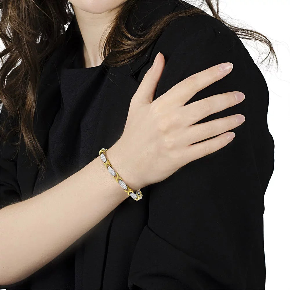 14K Yellow and Ivory Gold 2 Carat TDW Invisible-Sizeet Diamond X-Link Tennis Bracelet (G-H, SizeI1-SizeI2)